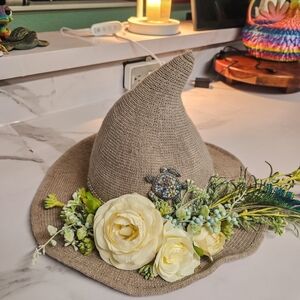 Neutral Beige Witch Hat with Cream Floral Trim